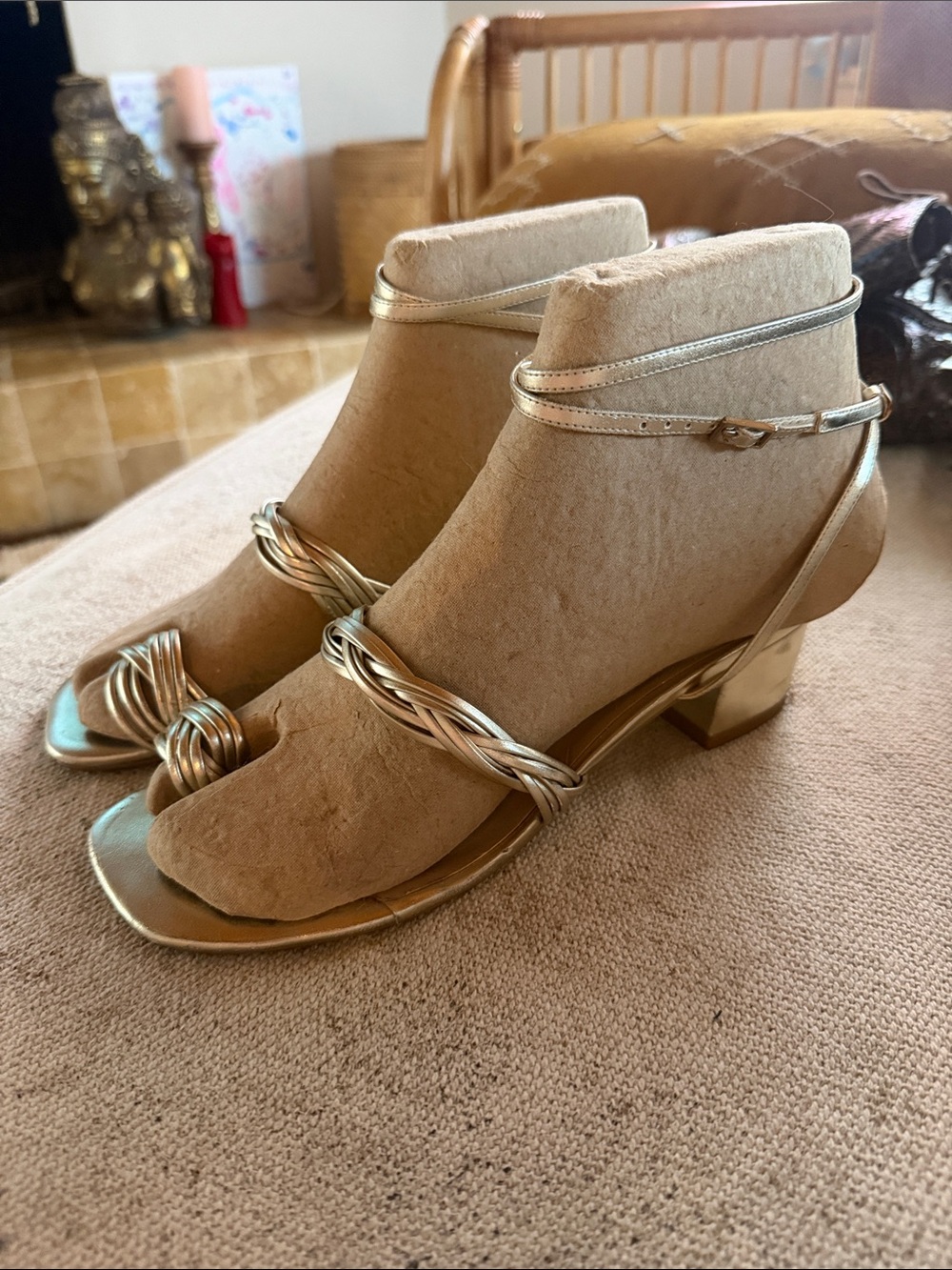 Raye gold low heel wrap sandals Revolve
